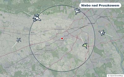 Mapa okolic miasta z sylwetkami samolotów — Niebo nad Pruszkowem na żywo