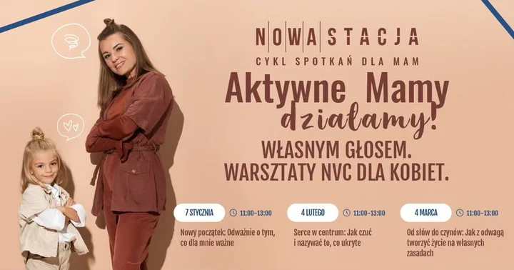 Grafika promocyjna wydarzenia Aktywne Mamy - działamy! Własnym głosem — warsztaty NVC dla kobiet