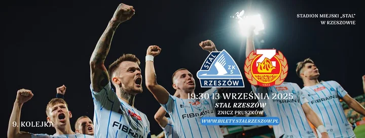 Obrazek przedstawia grafikę promocyjną wydarzenia Mecz 9. kolejki Betclic 1 Ligi: Stal Rzeszów kontra Znicz Pruszków