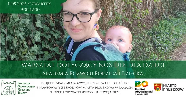 Obrazek przedstawia grafikę promocyjną wydarzenia Bezpłatny warsztat o nosidłach dla rodziców w Pruszkowie