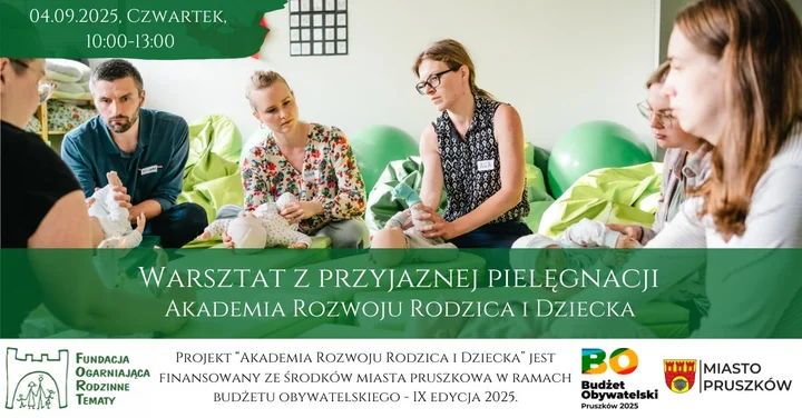 Obrazek przedstawia grafikę promocyjną wydarzenia Praktyczna obsługa noworodka — bezpłatne warsztaty dla rodziców w Pruszkowie