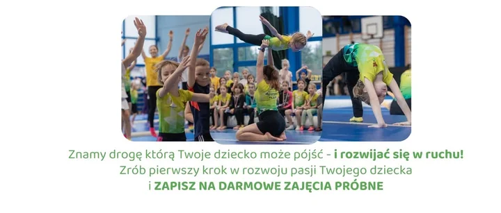Obrazek przedstawia grafikę promocyjną wydarzenia Darmowe zajęcia próbne akrobatyki i multisportu w Pruszkowie (8–13 września 2025)