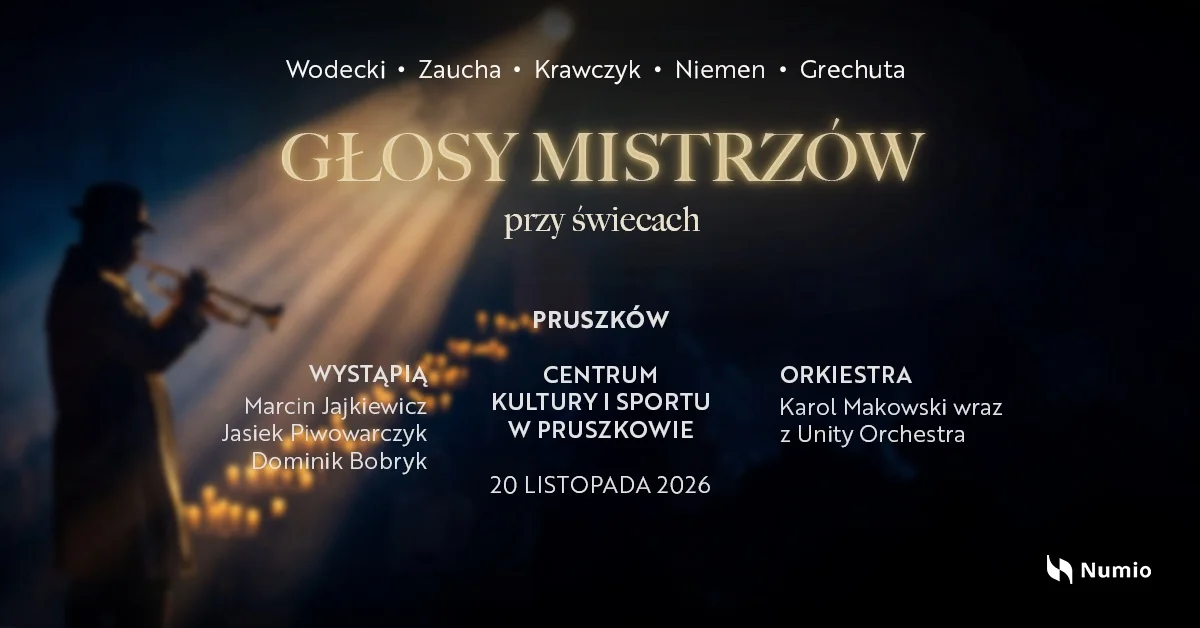 Grafika promocyjna wydarzenia Głosy Mistrzów przy świecach – Pruszków: koncert legend