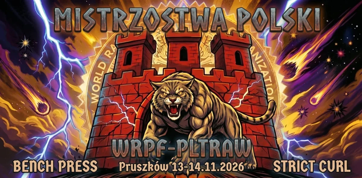 Grafika promocyjna wydarzenia II Mistrzostwa Polski Bench Press i Strict Curl WRPF – PLTRAW w Pruszkowie