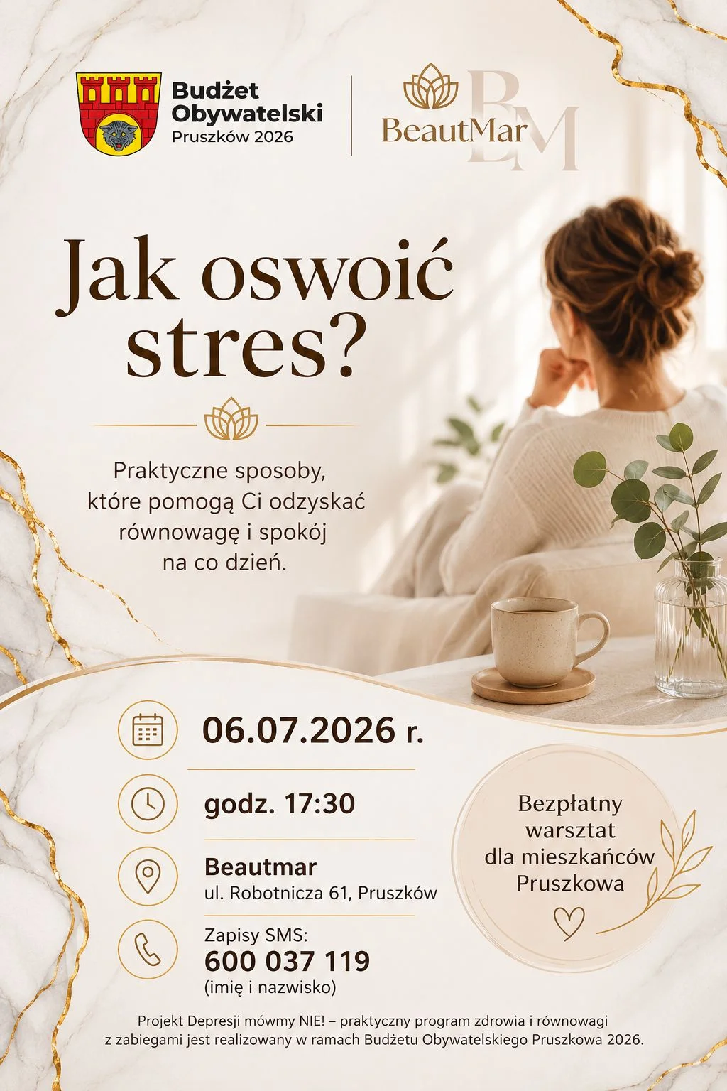 Grafika promocyjna wydarzenia Jak oswoić stres? Bezpłatny warsztat w Pruszkowie z praktycznymi technikami relaksu
