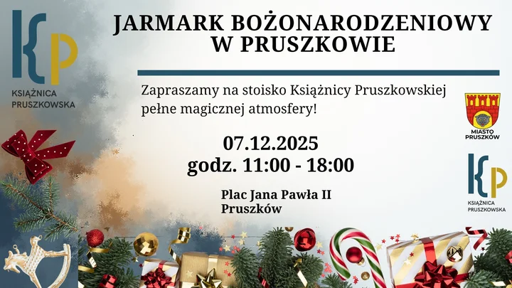 Grafika promocyjna wydarzenia Jarmark Bożonarodzeniowy w Pruszkowie — stoisko Książnicy Pruszkowskiej