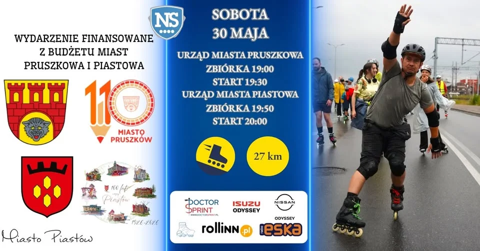 Grafika promocyjna wydarzenia Jubileuszowy Nightskating Pruszków – Piastów: nocny przejazd rolkowy między dwoma miastami