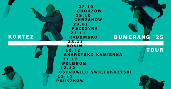 Obrazek przedstawia grafikę promocyjną wydarzenia Kortez z trasą „Bumerang ’25” wystąpi w Pruszkowie
