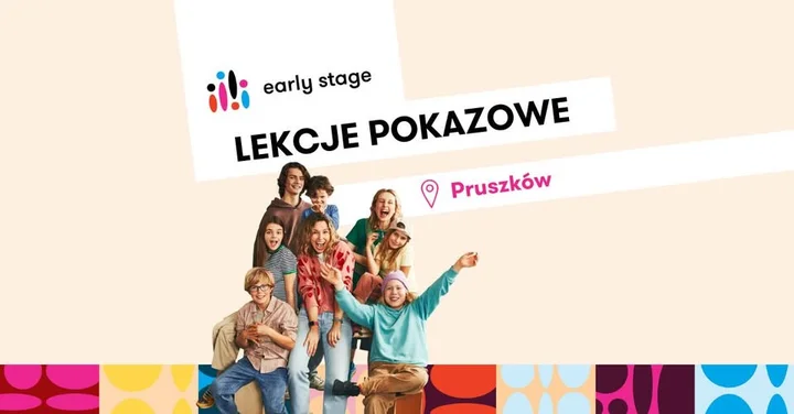 Obrazek przedstawia grafikę promocyjną wydarzenia Bezpłatne lekcje pokazowe szkoły języka angielskiego w Pruszkowie