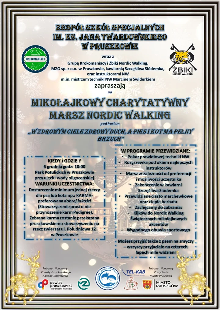 Grafika promocyjna wydarzenia Mikołajkowy Charytatywny Marsz Nordic Walking w Pruszkowie