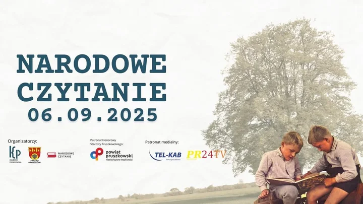 Obrazek przedstawia grafikę promocyjną wydarzenia Narodowe Czytanie 2025 w Książnicy Pruszkowskiej — program i miejsce