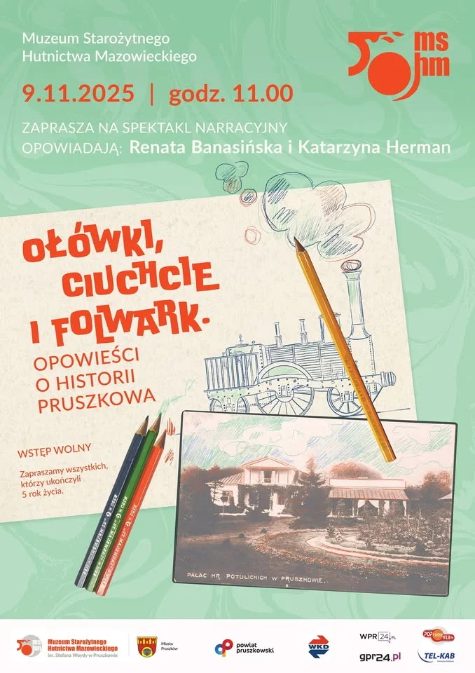 Grafika promocyjna wydarzenia Ołówki, ciuchcie i folwark — opowieści o historii Pruszkowa
