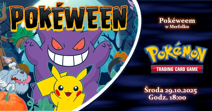 Grafika promocyjna wydarzenia Pokeween w Merfolku — Halloween z Pokémonami w Pruszkowie