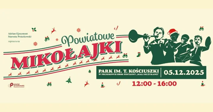 Grafika promocyjna wydarzenia POWIATOWE MIKOŁAJKI — warsztaty świąteczne i rozświetlenie choinki (5 grudnia 2025)