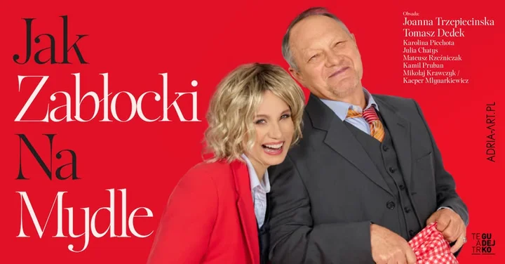 Obrazek przedstawia grafikę promocyjną wydarzenia Komedia „Jak Zabłocki na mydle” w Pruszkowie — zamiana ról i wiele śmiechu