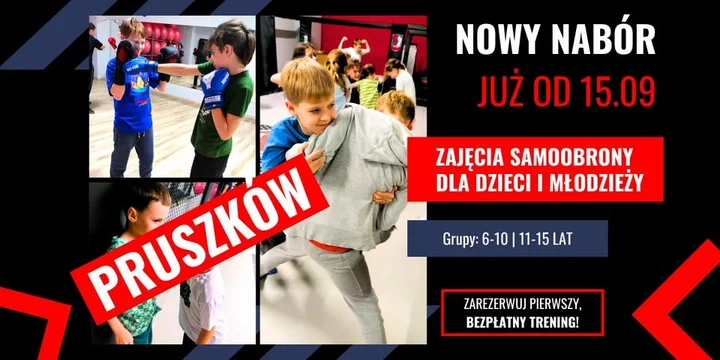 Obrazek przedstawia grafikę promocyjną wydarzenia Samoobrona dla dzieci i młodzieży w Pruszkowie — nabór do sekcji Fenix Krav Maga