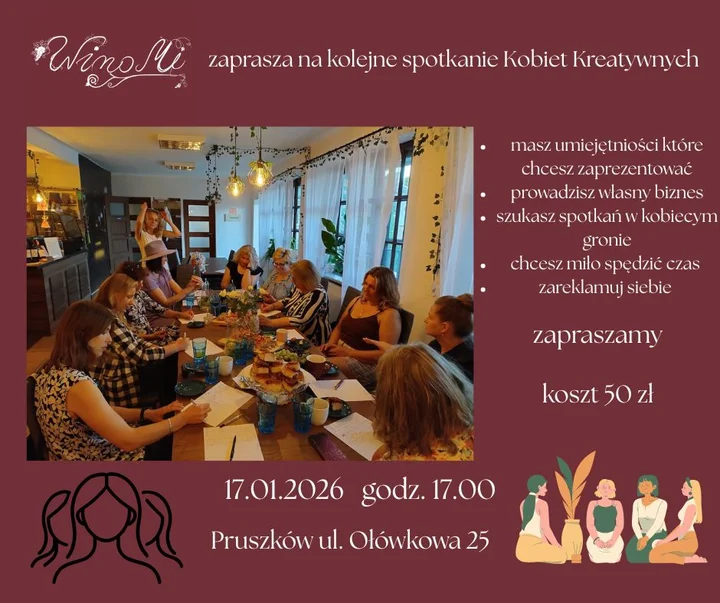 Grafika promocyjna wydarzenia Spotkanie Kobiet Kreatywnych — styczniowe spotkanie w Pruszkowie