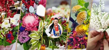 Grafika promocyjna wydarzenia Bukiety z kwiatów cukrowych — szkolenie cukiernicze z Marią Shramko