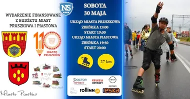 Grafika promocyjna wydarzenia Jubileuszowy Nightskating Pruszków – Piastów: nocny przejazd rolkowy między dwoma miastami