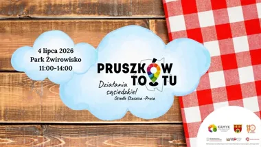 Grafika promocyjna wydarzenia Pruszków. To tu: Osiedle Staszica-Prusa – plenerowe spotkanie sąsiedzkie w Parku Żwirowisko