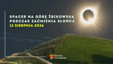 Grafika promocyjna wydarzenia Spacer na Górę Żbikowską podczas zaćmienia Słońca
