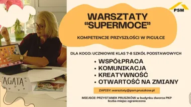 Grafika promocyjna wydarzenia Warsztaty „Supermoce” w Pruszkowie – zajęcia z kompetencji przyszłości dla uczniów klas 7–8