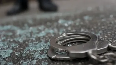 Metalowe kajdanki leżące na asfalcie wśród rozbitych fragmentów szkła, w tle rozmyte buty.